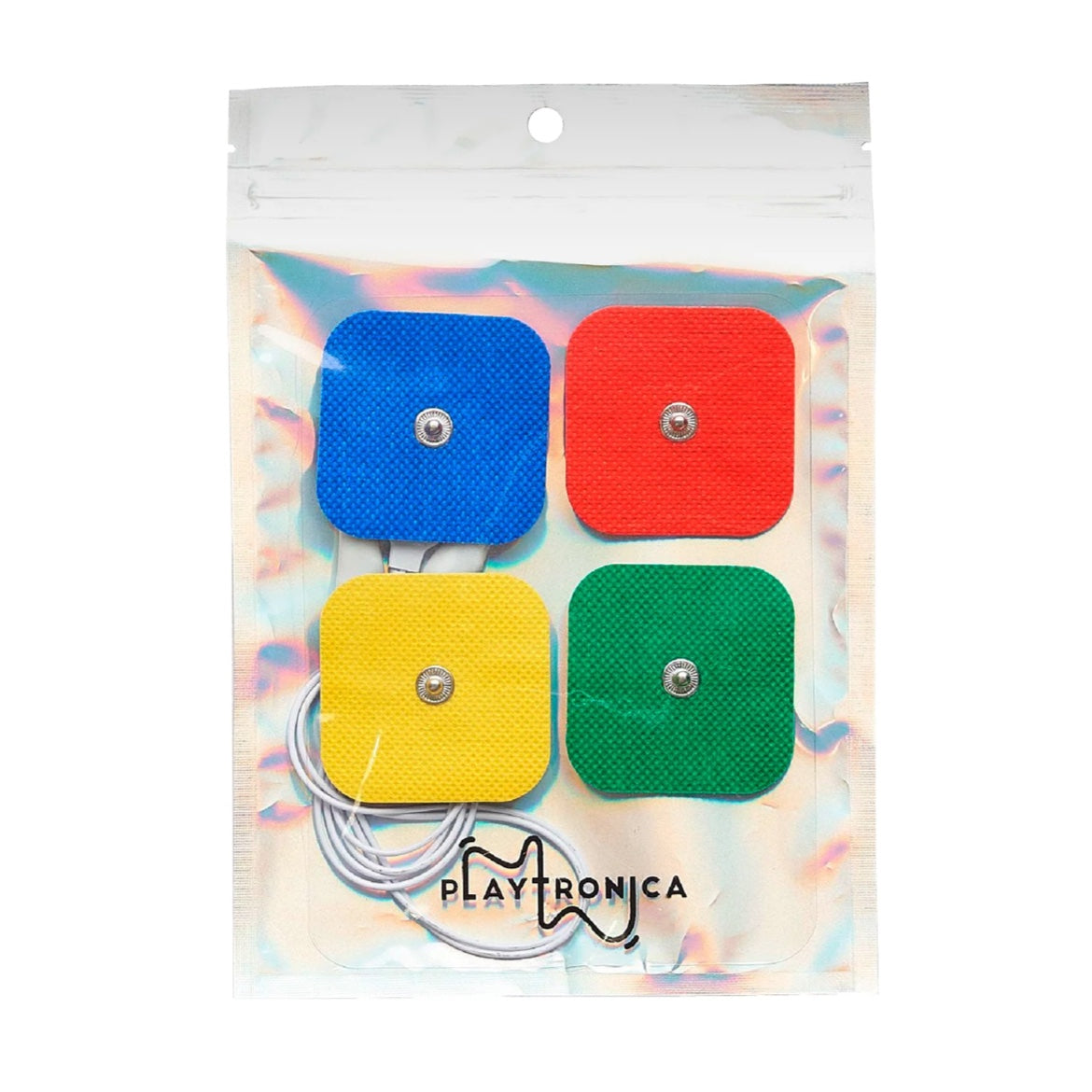 Quattro patch di collegamento colorate e cavi bianchi all'interno della confezione Playtronica