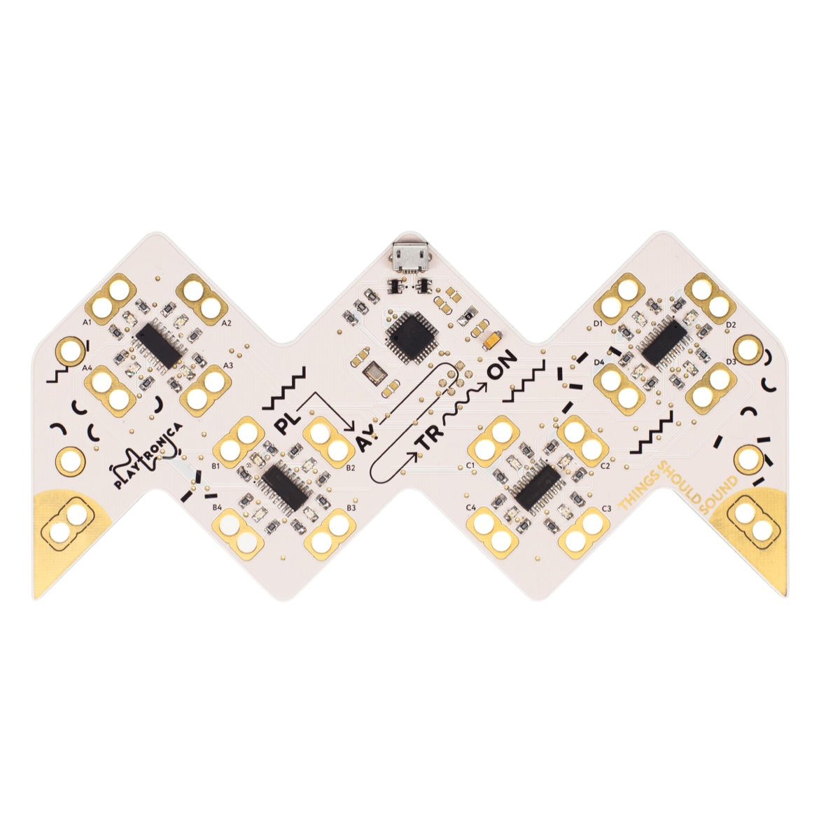 Front of the Playtron MIDI instrument circuit board with gold touch pads