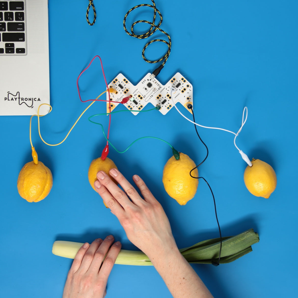 Playtron MIDI instrument connected to lemons and vegetables on a blue surface