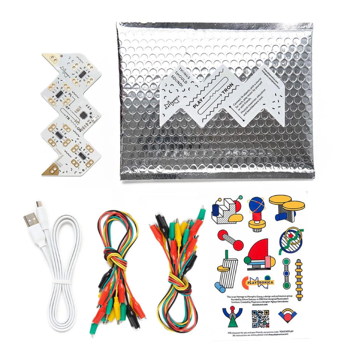 Playtron MIDI instrument kit with circuit board, cable, clips, wires, and packaging