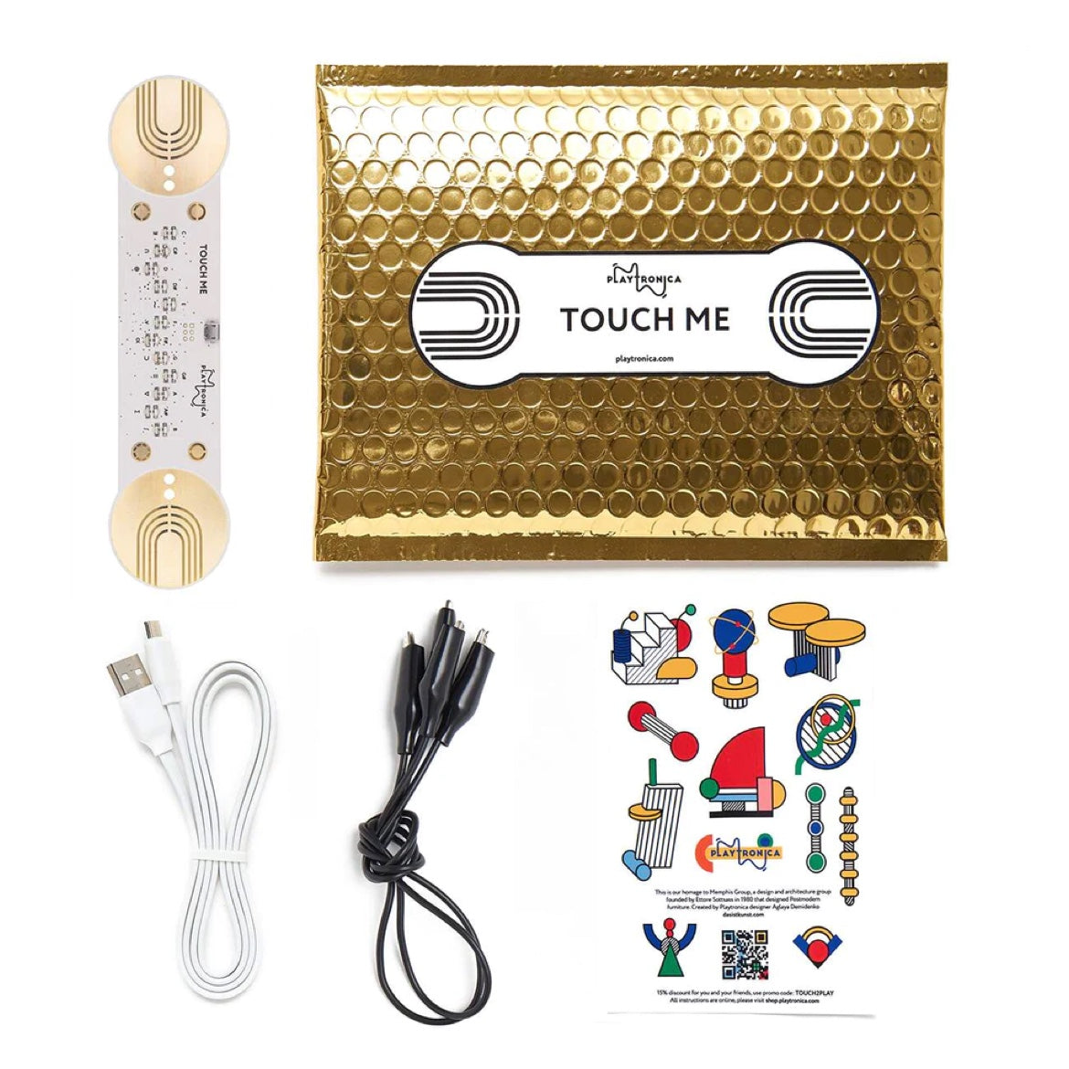 TouchMe MIDI instrument kit with circuit board, USB cable, clips, and packaging