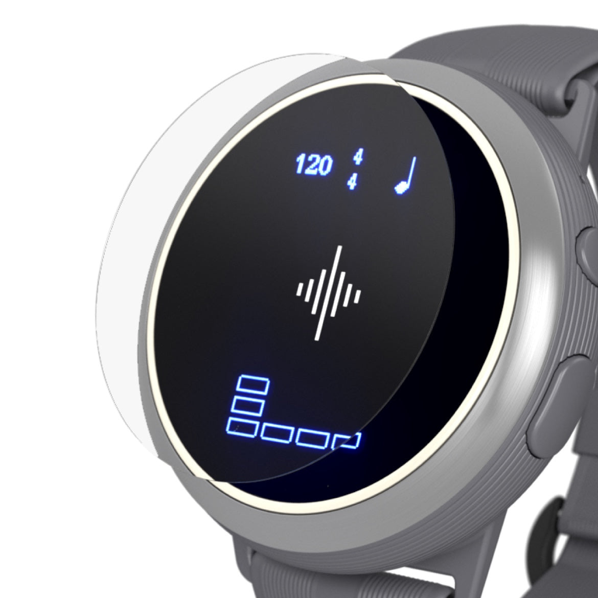 Protection d’écran ronde pour appareil portable, présentée sur une montre grise à l’écran allumé