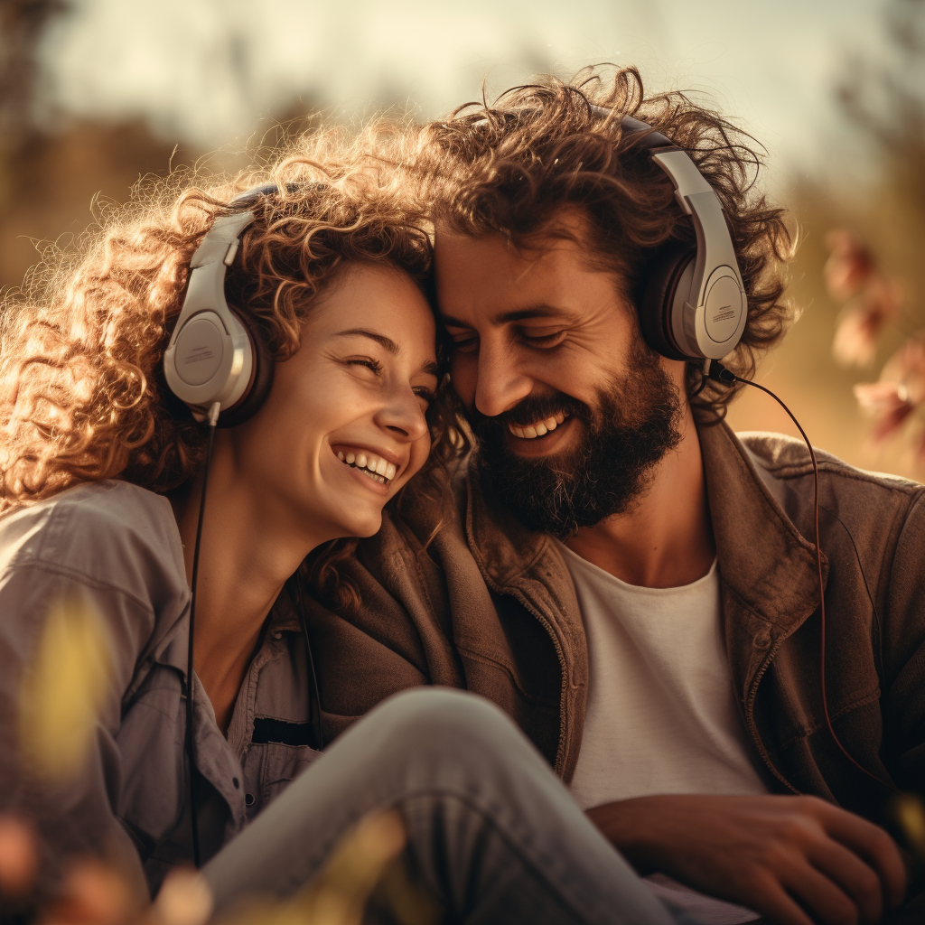 Happy couple listening to music and enjoying together